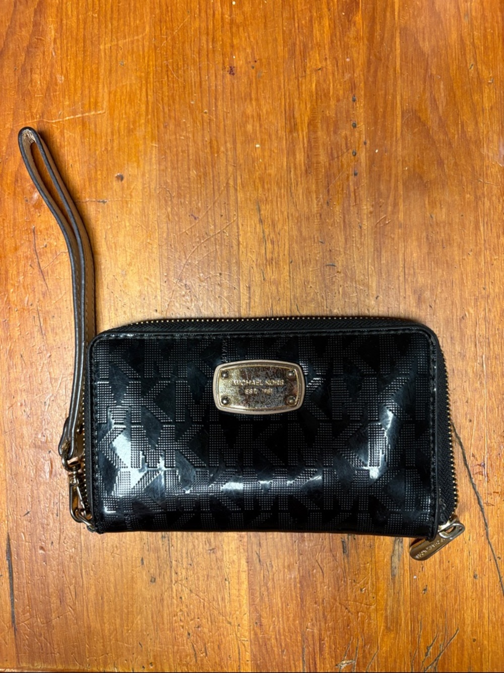 Michael Kors Black Glossy MK Logo Wristlet Wallet with Gold Plaque